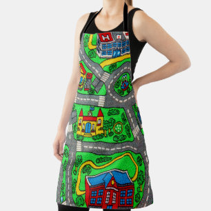 90s Nostalgia Race Track Retro Car Road Map City Apron
