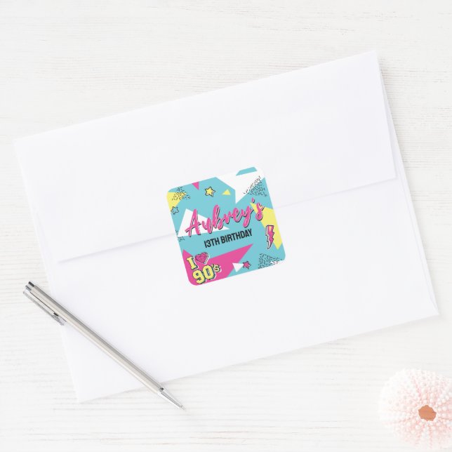 90's Pop Bright Colour Birthday Party, Any Age Square Sticker (Envelope)
