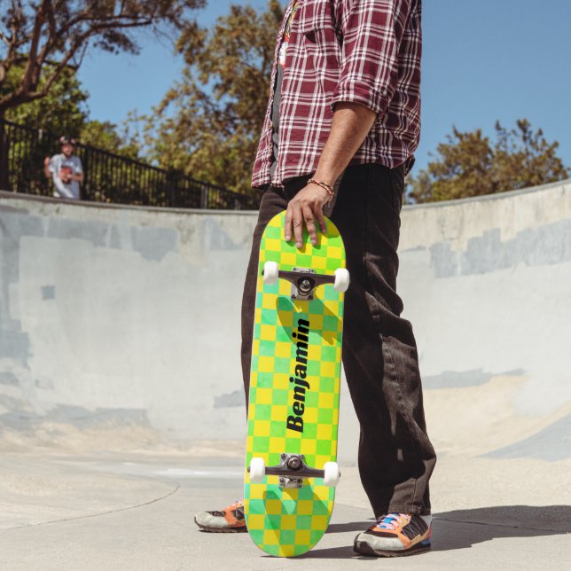 90s Retro Green and Yellow Chequerboard  Skateboard (Outdoor 2)