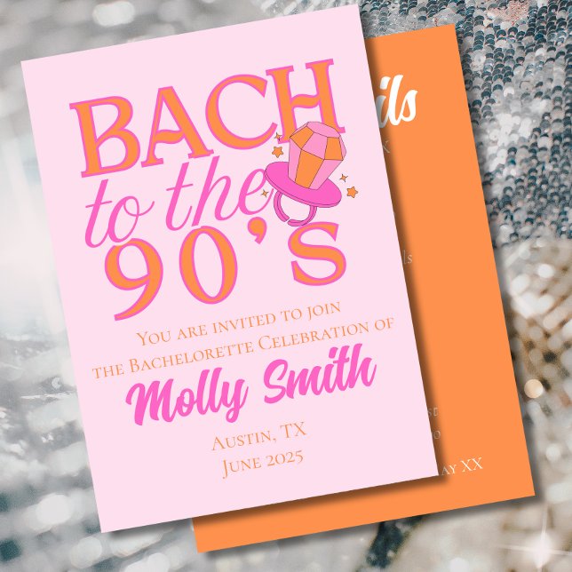 90s Retro Pink Bachelorette Invitation (Bach to the 90s invite with modern serif font – perfect for 90s bachelorette or bridal celebrations!)