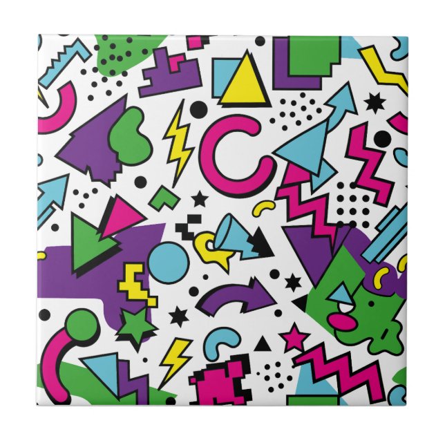 90s Retro Purple Turquoise Green Memphis Style Ceramic Tile (Front)