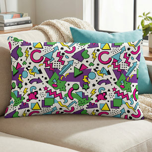 90s Retro Purple Turquoise Green Memphis Style Lumbar Cushion