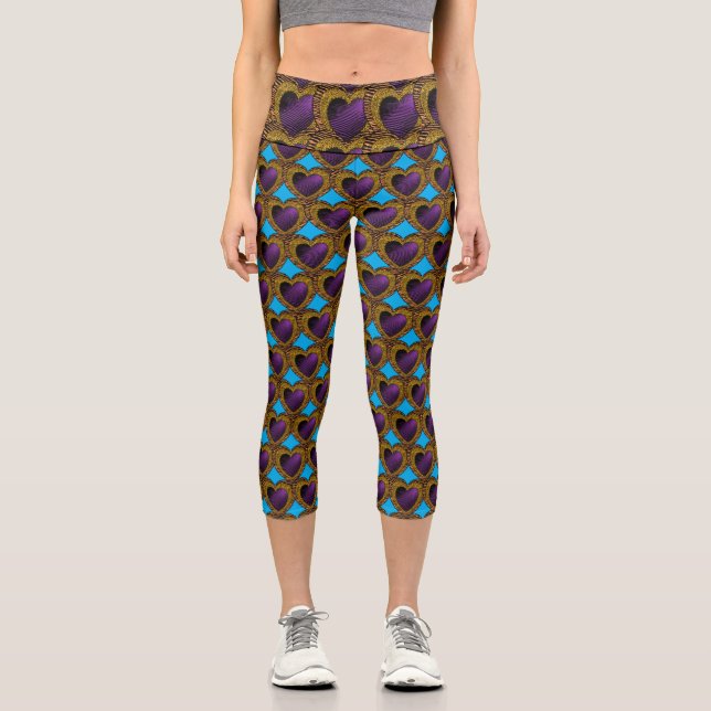 90s Rockabilly Punk Heart Tattoo Style Pattern Capri Leggings (Front)