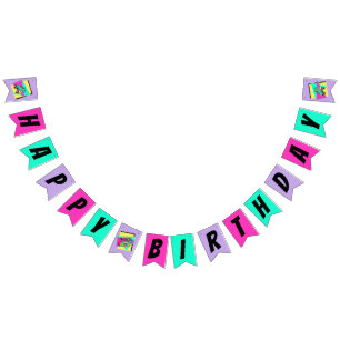 90s roller skate Happy Birthday teal purple pink Bunting