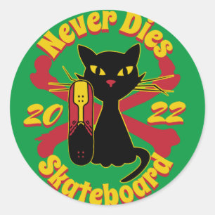 90s, skateboard cat, skateboard never dies classic round sticker