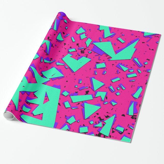 90s Teal and Pink Abstract Geometric Pattern Wrapping Paper (Unrolled)