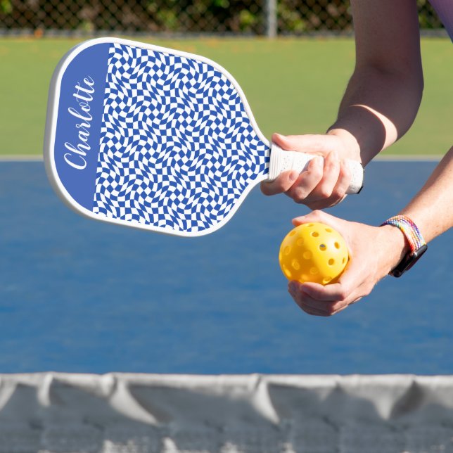 90's theme blue checkered name monogram pickleball paddle (Insitu)