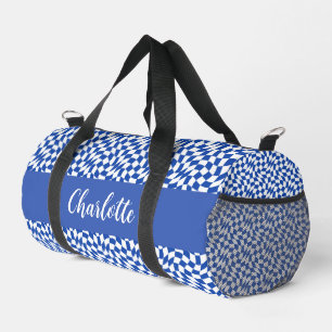 90's theme blue chequered name monogram duffle bag