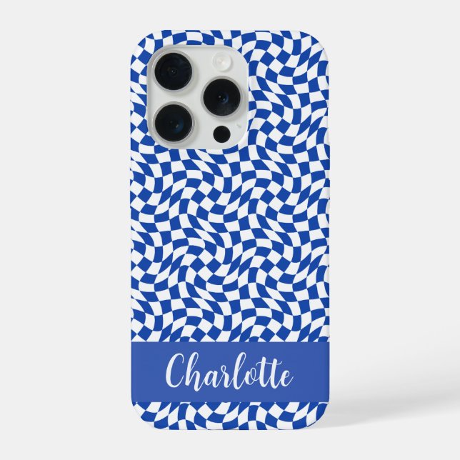 90's theme blue chequered name monogram iPhone case (Back)