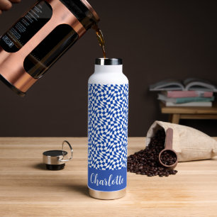 90's theme blue chequered name monogram water bottle