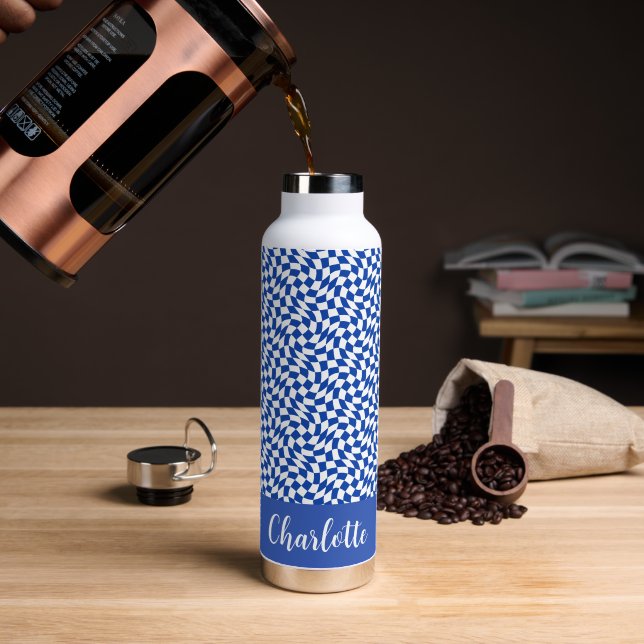 90's theme blue chequered name monogram water bottle (Coffee (Rotated))