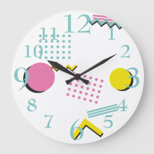 90s Theme Colourful Retro Memphis Pattern Large Clock