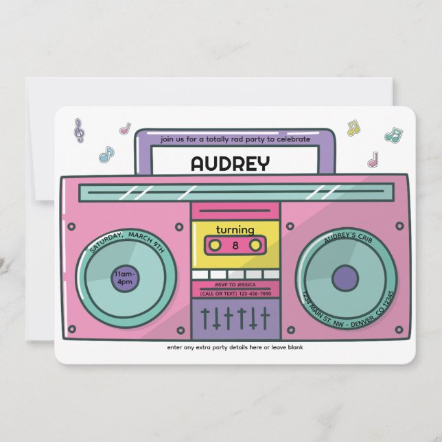 90's Totally Rad Boombox Music Theme Birthday  Invitation (Front)