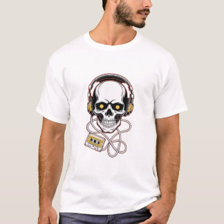 90s Tribal Skull with Headphones – High-Contrast V T-Shirt