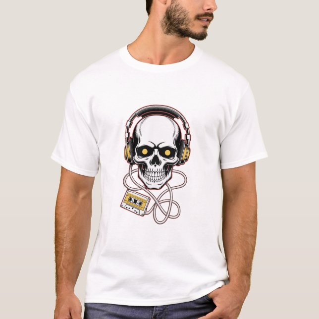 90s Tribal Skull with Headphones – High-Contrast V T-Shirt (Front)