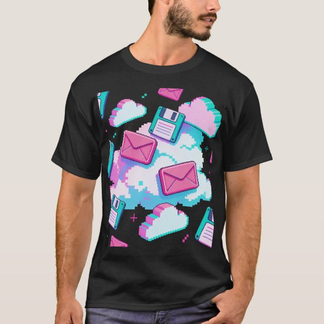 90s Vaporwave Floppy Disc & Pixel Cloud Y2K T-Shirt (Front)
