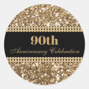 90th Anniversary Celebration Gold Glitter Pearls Classic Round Sticker