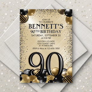 90th Balloons Black Gold Birthday Invitation