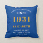90th Birthday 1931 Add Your Name Blue Personalised Cushion<br><div class="desc">For those born in 1931 and celebrating their 90th birthday we have the ideal surprise birthday party throw pillow gift. The blue background with a white and gold design is simple and yet elegant. Easily customise the text to the front and the interior of these party supplies using the template...</div>