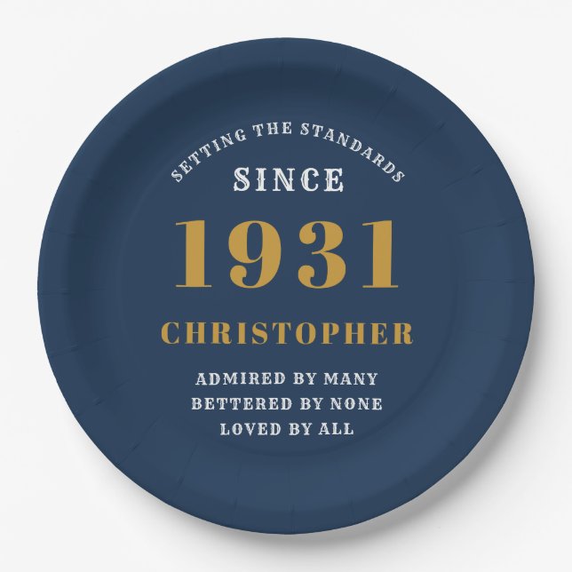 90th Birthday 1931 Blue Gold Love Personalised Paper Plate (Front)