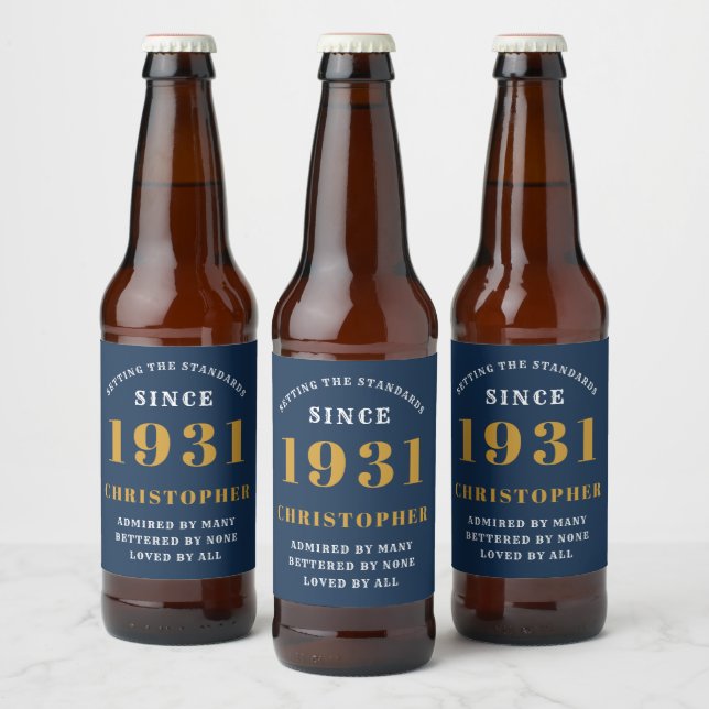 90th Birthday 1931 Blue Gold Retro Personalised Beer Bottle Label (Bottles)