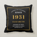 90th Birthday 1931 Elegant Chic Black Personalised Cushion<br><div class="desc">For those born in 1931 and celebrating their 90th birthday we have the ideal surprise birthday party throw pillow gift. The black background with a white and gold design is simple and yet elegant. Easily customise the text to the front and the interior of these party supplies using the template...</div>
