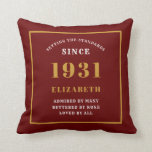 90th Birthday 1931 Elegant Chic Red Personalised Cushion<br><div class="desc">For those born in 1931 and celebrating their 90th birthday we have the ideal surprise birthday party throw pillow gift. The red background with a white and gold design is simple and yet elegant. Easily customise the text to the front and the interior of these party supplies using the template...</div>