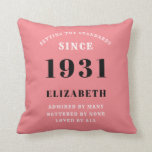 90th Birthday 1931 Personalised Add Your Name Pink Cushion<br><div class="desc">For those born in 1931 and celebrating their 90th birthday we have the ideal surprise birthday party throw pillow gift. The pink background with a white and dark grey design is simple and yet elegant. Easily customise the text to the front and the interior of these party supplies using the...</div>