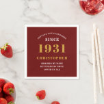 90th Birthday 1931 Red Gold For Him Personalised Napkin<br><div class="desc">A personalised classic paper napkin design for that birthday celebration for a special person born in 1931 and turning 90. Add the name to this vintage retro style red, white and gold design for a custom 90th birthday gift. Easily edit the name and year with the template provided. A wonderful...</div>