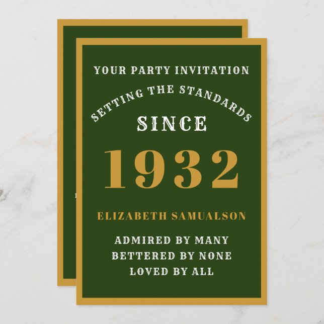 90th Birthday 1932 Elegant Green Gold Name Age Invitation (Front/Back)