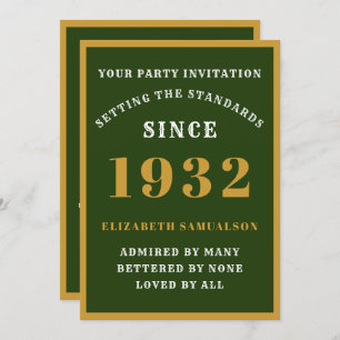 90th Birthday 1932 Elegant Green Gold Name Age Invitation