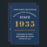 90th Birthday 1935 Blue Gold Personalised For Him Invitation<br><div class="desc">For those born in 1935 and celebrating their 90th birthday party we have the ideal birthday invitation card. The blue background with a white and gold design is simple and yet elegant. Easily customise the text to the front and the rear of this birthday invitation card using the template provided....</div>