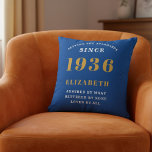 90th Birthday 1936 Add Name Blue Gold Personalized Cushion<br><div class="desc">Celebrate a remarkable milestone with this elegant and modern Personalized 90th Birthday Throw Pillow, the perfect gift for someone born in 1936 This custom accent pillow features the striking, bold text "BORN 1936", for that person loved for 90 years (and counting)" and allows you to add a custom name (e.g.,...</div>
