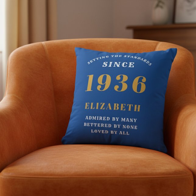 90th Birthday 1936 Add Name Blue Gold Personalized Cushion (1936 blue cushion on orange chair)