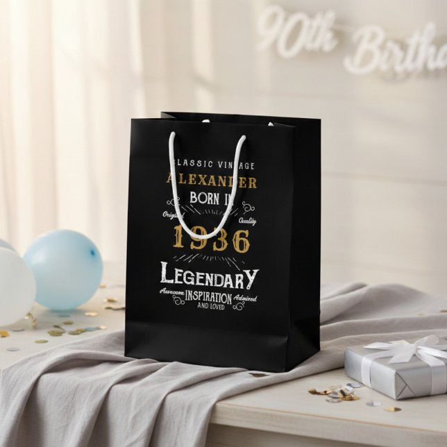 90th Birthday 1936 Add Name Legend Black Gold Medium Gift Bag (Born 1936 birthday gift bag. Background out of focus.)