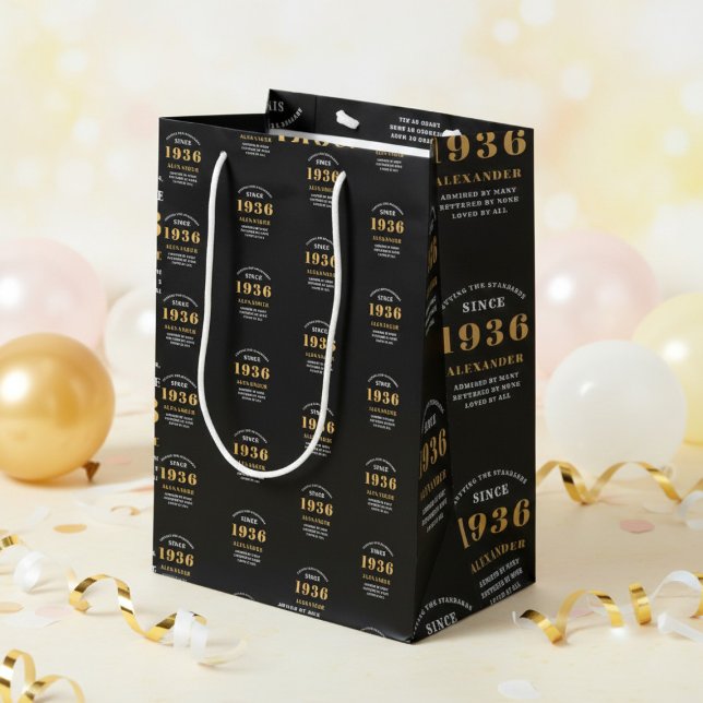 90th Birthday 1936 Black Gold Chic Elegant Medium Gift Bag (Born 1936 birthday gift bag. Background out of focus.)