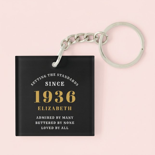 90th Birthday 1936 Black Gold For Her Personalized Key Ring (Born 1936 birthday keychain. Pastel background.)
