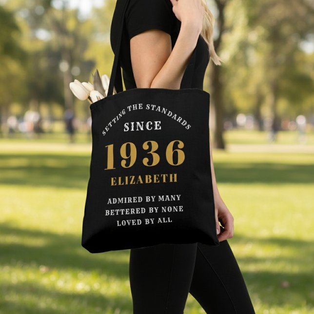 90th Birthday 1936 Black Gold For Her Personalized Tote Bag (Born 1936 birthday tote bag. Background out of focus.)