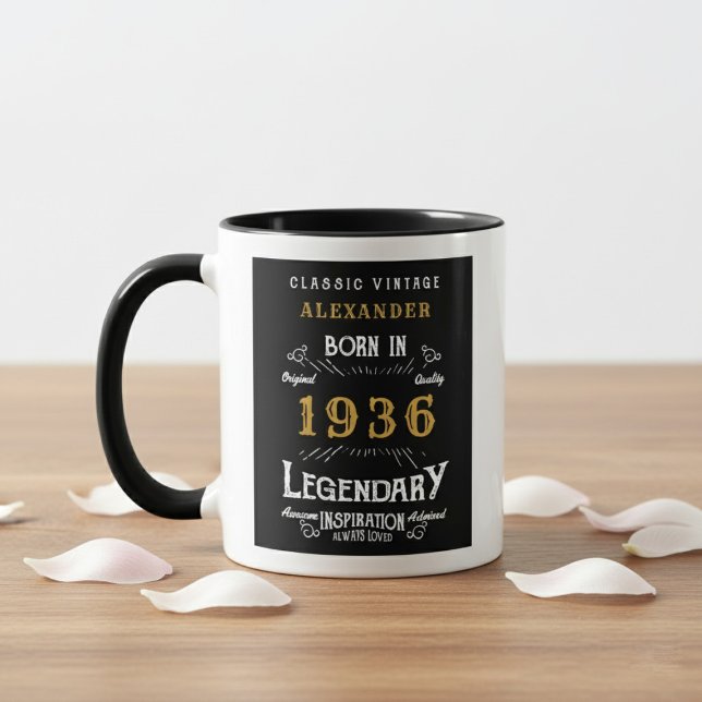 90th Birthday 1936 Legend Retro Black Personalized Mug (Born 1936 birthday gift mug. White background wood table.)