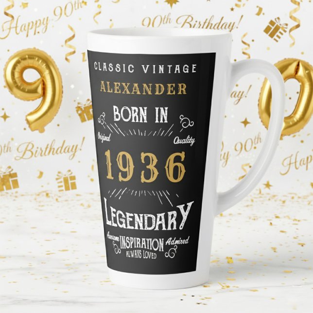 90th Birthday 1936 Legendary Retro Latte Mug (1936 latte mug with a white and gold background.)
