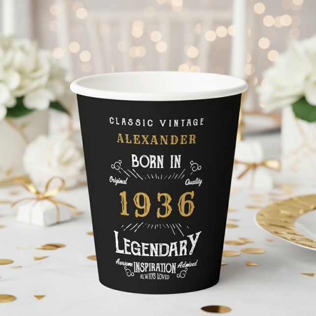 90th Birthday 1936 Legendary Retro Paper Cups (1936 birthday black paper cup with white and gold background)