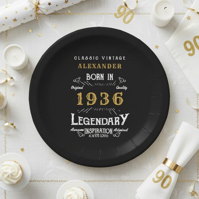 90th Birthday 1936 Legendary Retro Paper Plate (Born 1936 black paper plate on a white table cloth.)