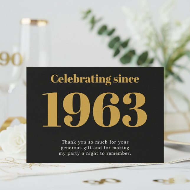 90th Birthday 1936 Retro Black And Gold Thank You Card (1963 thank you card. White background.)