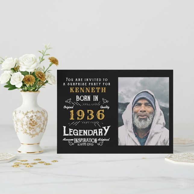 90th Birthday 1936 Vintage Black Gold Personalized Invitation (1936 birthday invitation. White background with flowers.)