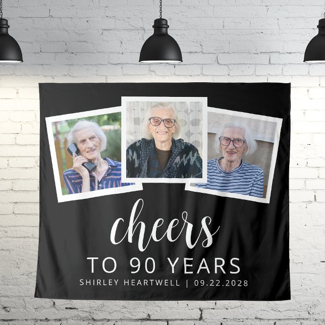 90th Birthday 3-Photo Black White Script Cheers Tapestry (Creator Uploaded)