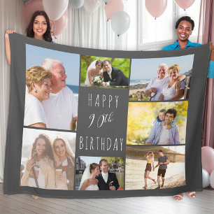 90th Birthday 7 Photo Collage Dark Grey Fleece Blanket