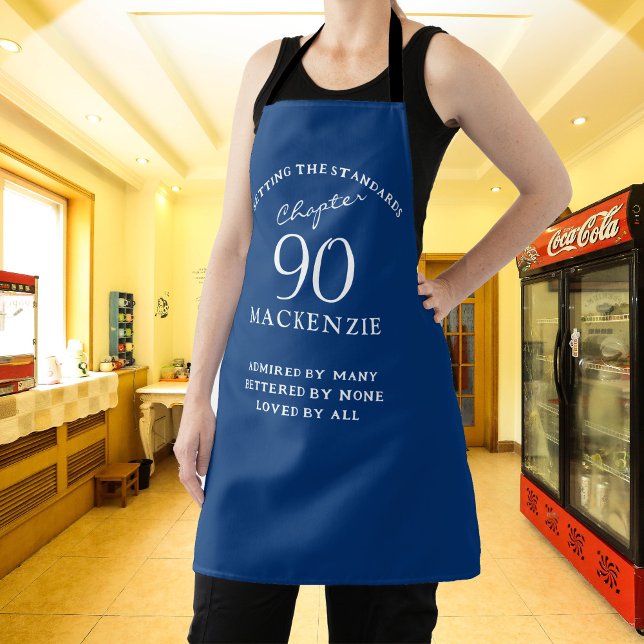 90th Birthday Add Name Elegant Blue and White Apron (Creator Uploaded)