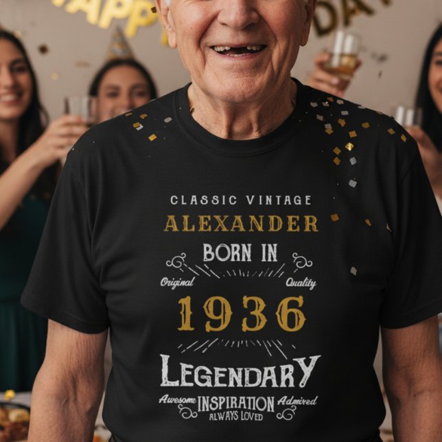 90th Birthday Add Your Name Born 1936 Legendary T-Shirt (90th birthday born 1936 t-shirt on an elderly man at a party)