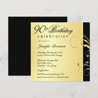 90th Birthday Adult - Elegant Gold Floral Invites