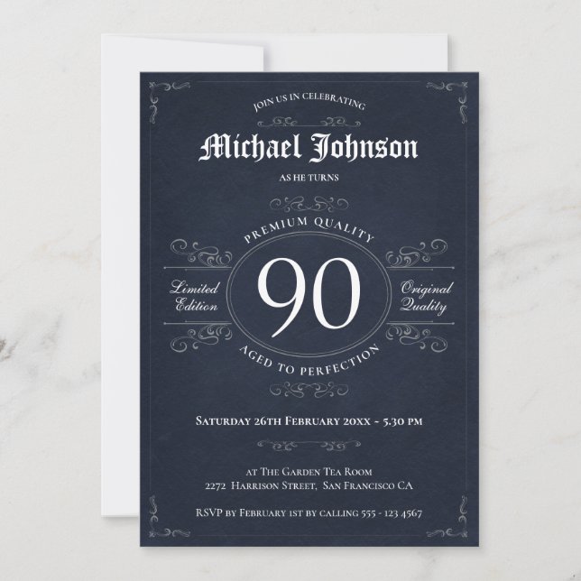 90th Birthday Aged to Perfection Navy Silver Invitation (Front)